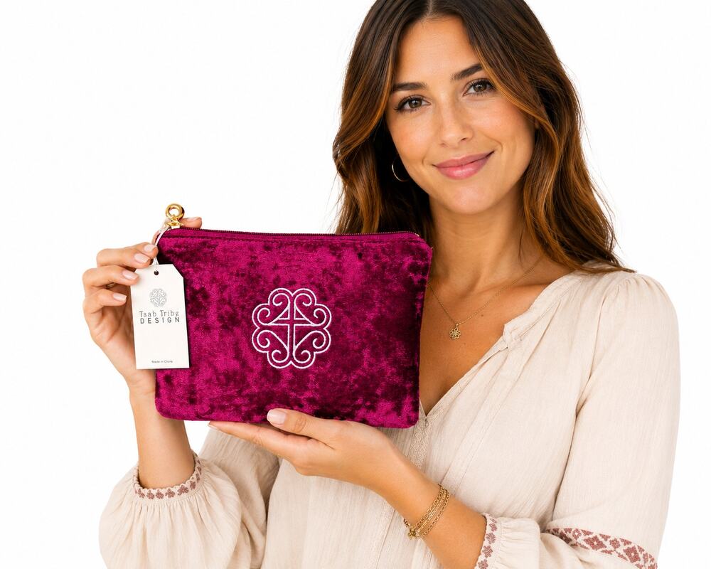 Tsab Tribe Design Velvet Zip Pouch Cosmetic Bag Fuchsia Magenta NWT